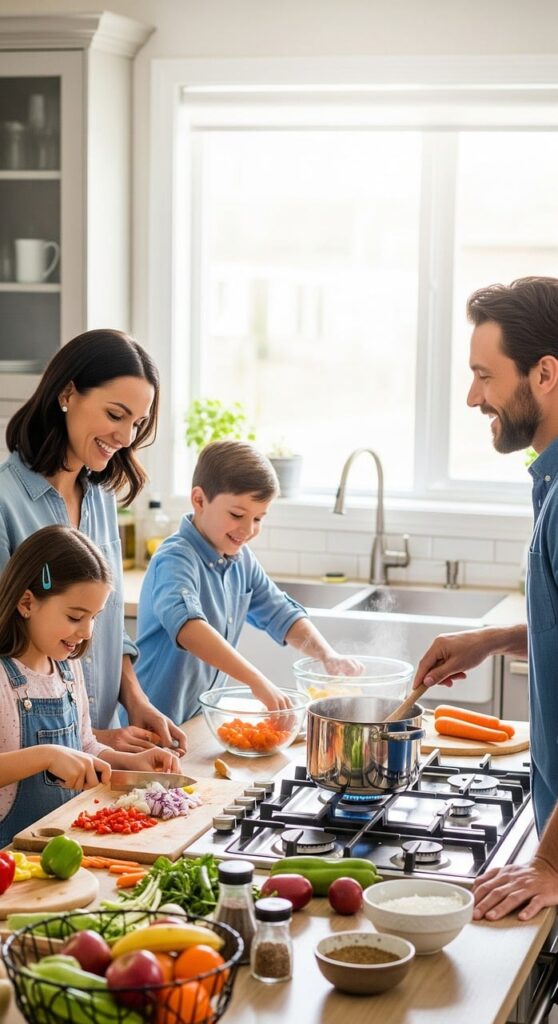 family, cooking, kitchen, children, together, healthy food, fun, appetizing, fresh vegetables, food preparation, collaboration, home environment, happy family, dad, mom, kitchen tools, eggs, domestic activities, details, ai generated